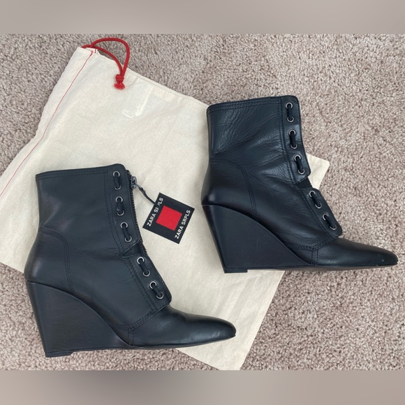 Zara SRPLS Real Leather High Wedge Black Ankle Boots Booties Zip Size 8 / 39 - Picture 5 of 16